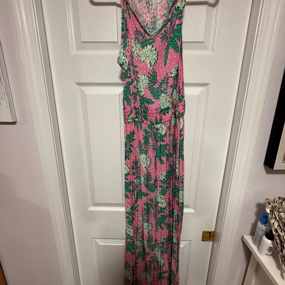 LOFT Pink and Green Tropical Maxi Dress